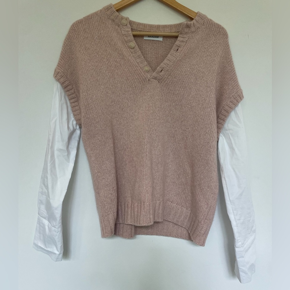 NAADAM Pink and White V-Neck Sweater